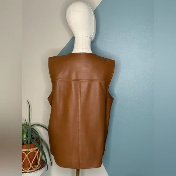Nordstrom Genuine Lambskin Leather Zip Vest Brown Tan Lined Minimalist Y2K Large - Picture 5 of 10